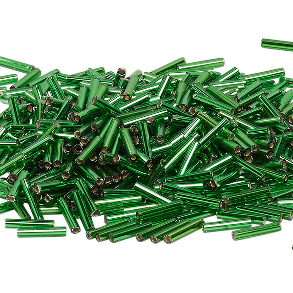 Bead, Miyuki, bugle bead, glass, pkg/250 g, 12x2.4mm center-drilled, silver-lined translucent green, (RBU-0016). image number 0