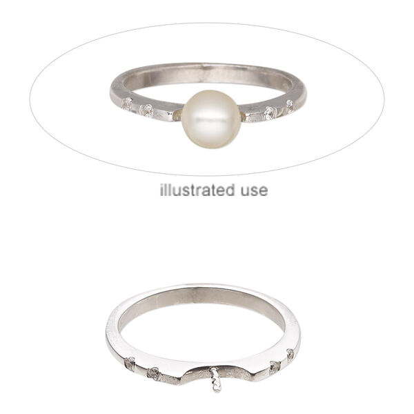 Ring, cubic zirconia and sterling silver, clear, 2mm wide with 3.5mm twisted peg, fits up to 8mm half-drilled round bead, size 7. Sold individually. image number 0