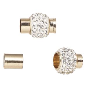 Clasp, magnetic, gold-finished brass / glass / epoxy, clear and white, 14x11mm barrel with glue-in ends, 7mm inside diameter. Sold per pkg of 2.