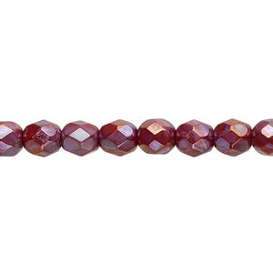Bead, Czech fire-polished glass, opaque red nebula, 6mm faceted round. Sold per 15-1/2" to 16" strand.