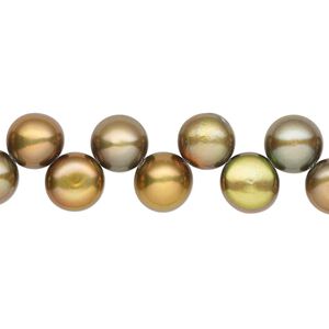 Pearl, cultured freshwater (dyed), brass, 7-8mm top-drilled flat-sided round with 0.4-0.5mm hole, B- grade, Mohs hardness 2-1/2 to 4. Sold per 14-inch strand.
