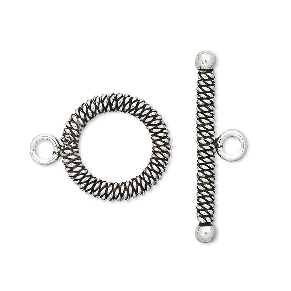 Clasp, toggle, antiqued sterling silver, 16mm round with spiral weave design. Sold individually. image number 0