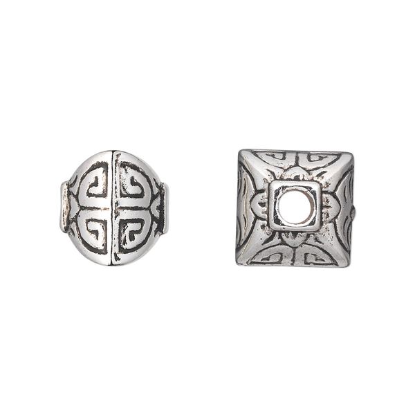 Bead, antiqued silver-finished copper-coated plastic, 12x11mm puffed square. Sold per 50-gram pkg, approximately 40 beads. image number 0
