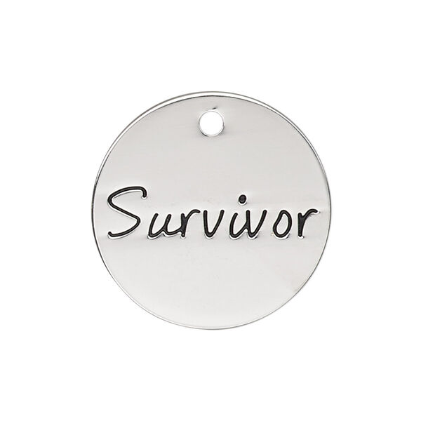 Charm, antique silver-finished "pewter" (zinc-based alloy), 25mm single-sided flat round with "Survivor." Sold individually. image number 0