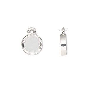 Drop, silver-finished brass, 10mm double-sided round with 8mm round setting. Sold per pkg of 10.