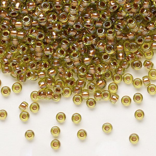 Seed bead, Miyuki, glass, pkg/50g, #8 rocaille, opaque copper pearl-lined chartreuse, (RR-3805). image number 0