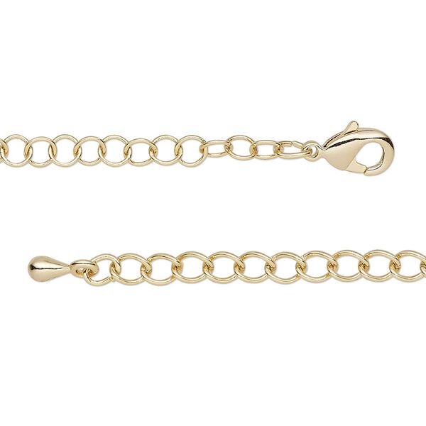 Chain, gold-finished steel and brass, 3.5mm round cable, 7-1/2 inches with 2-inch extender chain and lobster claw clasp. Sold individually. image number 0
