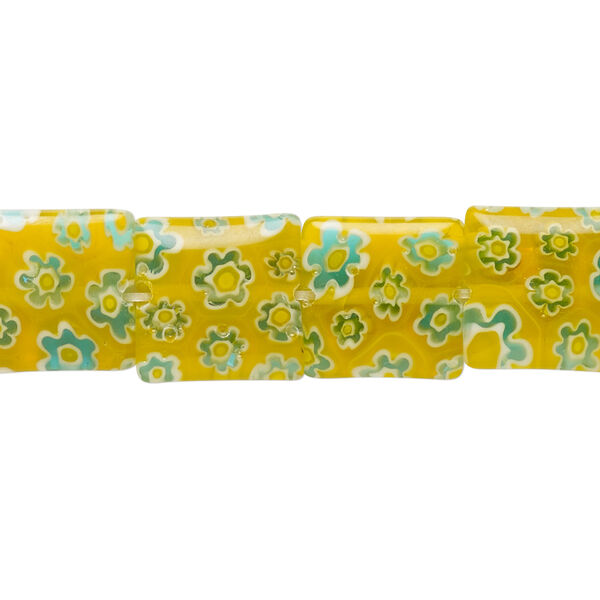 Bead, millefiori glass, translucent yellow / blue / white, 11mm-13x12mm puffed square with flower design. Sold per 14-inch strand. image number 0