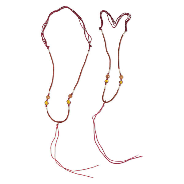 Necklace cord, macramé, jadeite (natural/dyed) and imitation silk, red-brown / silver / yellow, 2-3.5mm wide with 5-1/2 inch dangle, 20 inches with slip knot closure. Sold per pkg of 2. image number 0