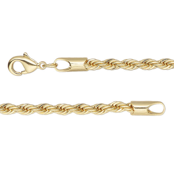 Chain, gold-finished brass, 3mm rope, 36 inches with lobster claw clasp. Sold individually. image number 0