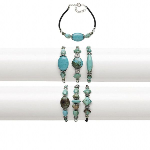 Bracelet mix, magnesite (dyed / stabilized) / velvet / silver-coated plastic / silver-finished steel, blue / green / black, 11-16mm wide with mixed shape, 7-1/2 inches with 2-inch extender chain and springring clasp. Sold per pkg of 3. image number 0