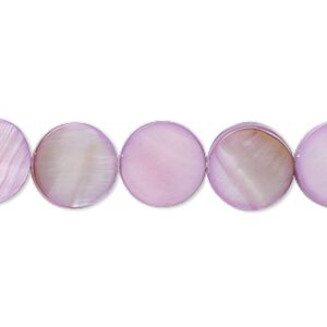 Bead, mother-of-pearl shell (dyed), lilac, 12mm flat round with 0.6-1mm hole, Mohs hardness 3-1/2. Sold per 15-inch strand.