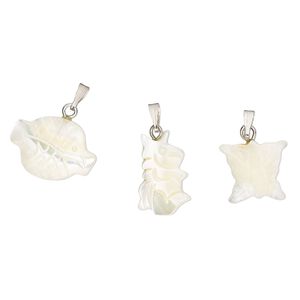 Pendant mix, mother-of-pearl shell (bleached) antique silver-finished brass and steel,12mm-30x20mm mixed shapes. Sold per pkg of 3.