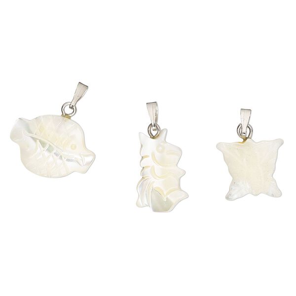 Pendant mix, mother-of-pearl shell (bleached) antique silver-finished brass and steel,12mm-30x20mm mixed shapes. Sold per pkg of 3. image number 0