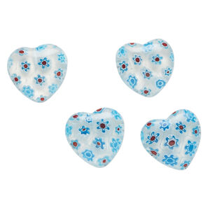 Bead, millefiori glass, clear / translucent sky blue / multicolored, 18-20mm half-drilled puffed heart. Sold per pkg of 4.