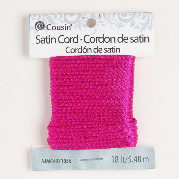 Cord, satin, bright pink, 1mm round. Sold per 18-foot section. image number 0