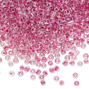 Seed bead, glass, pkg/50g, #8 round, translucent color-lined pink clear.