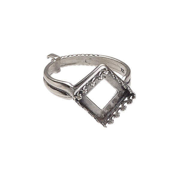 Ring, JBB Findings, antiqued sterling silver, 15mm wide with decorative trim and 10mm square bezel setting, adjustable from size 6-9. Sold individually. image number 0