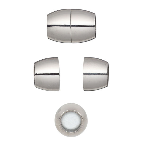 Clasp, magnetic barrel, stainless steel, 15x10mm shiny with glue-in ends, 6mm inside diameter. Sold individually. image number 0