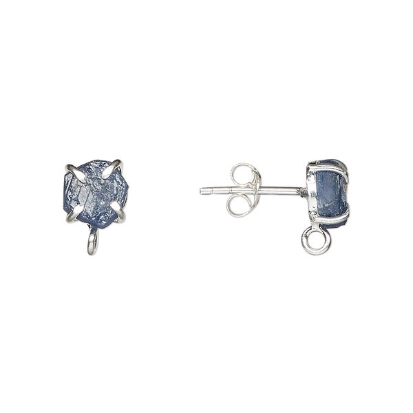 Ear stud, sterling silver and blue sapphire (heated), 5-7mm rough nugget with closed loop. Sold per pair. image number 0