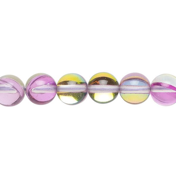Bead, iridescent glass, transparent purple and multicolored, 8mm round. Sold per 15-1/2 to 16-inch strand. image number 0