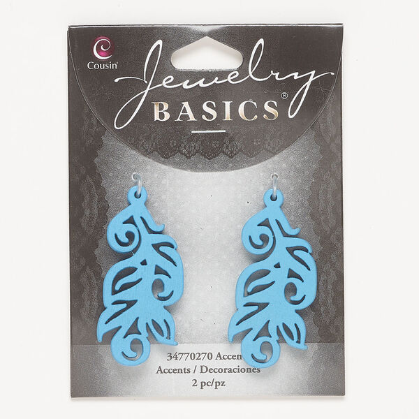 Focal 1pkg2, wood, blue, 41x21mm top-drilled feather with cutout design. image number 0