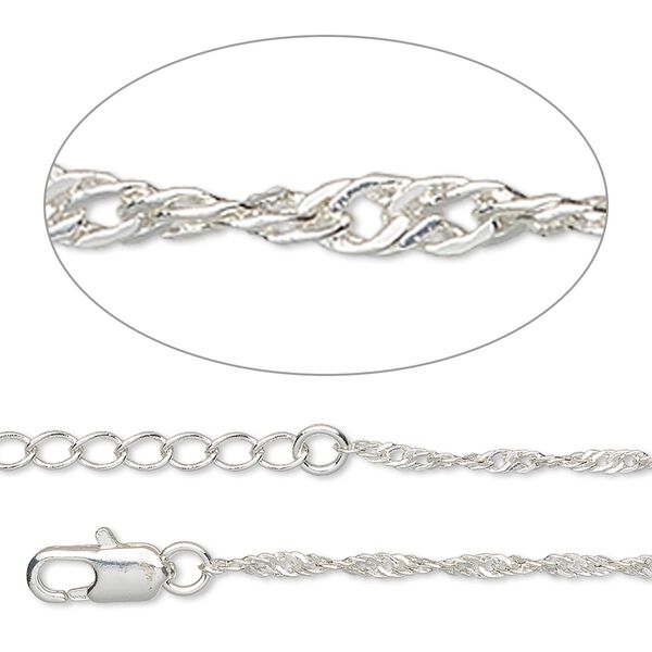 Chain, silver-plated brass, 2mm Singapore, 24 inches with 1- to 1 to 3 inches extender chain and lobster claw clasp. Sold individually. image number 0