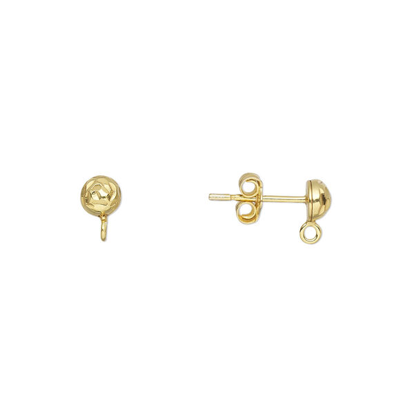 Earstud, gold-finished sterling silver, 4mm diamond-cut half-ball with loop. Sold per pair. image number 0