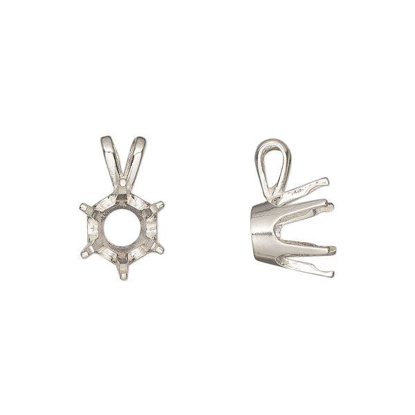 Pendant, Sure-Set™, sterling silver, 9mm pre-notched 6-prong round setting. Sold individually. image number 0