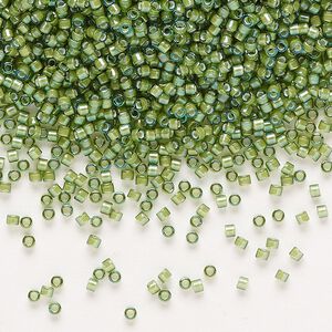Seed bead, Delica®, glass, pkg/50g, #11 round, translucent white-lined luster light green (DB-1786).