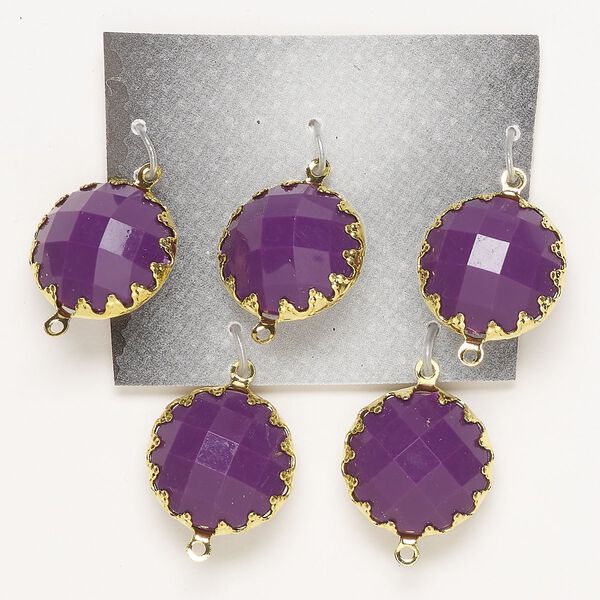 Link, acrylic and gold-finished "pewter" (zinc-based alloy), opaque purple, 18mm double-sided faceted round. Sold per pkg of 5. image number 0