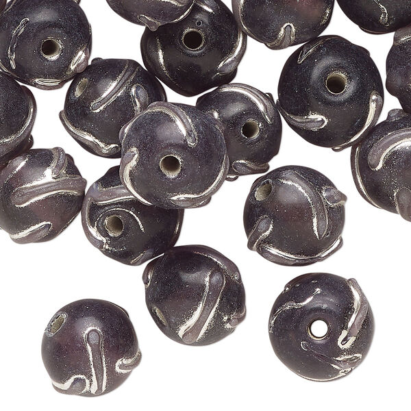 Bead, lampworked glass, translucent dark purple and silver, 10mm round. Sold per 2-ounce pkg, approximately 35 beads. image number 0