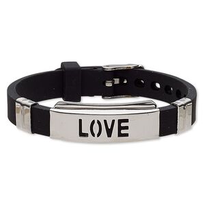 Bracelet, Softique™, silicone and stainless steel, black, 16mm wide with 39x16mm curved rectangle and cutout "LOVE," adjustable from 5-1/2 to 7-1/2 inches with buckle-style closure. Sold individually.