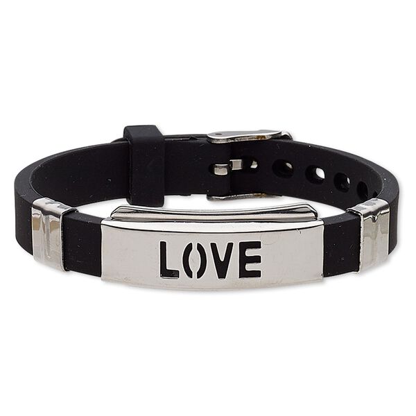 Bracelet, Softique™, silicone and stainless steel, black, 16mm wide with 39x16mm curved rectangle and cutout "LOVE," adjustable from 5-1/2 to 7-1/2 inches with buckle-style closure. Sold individually. image number 0