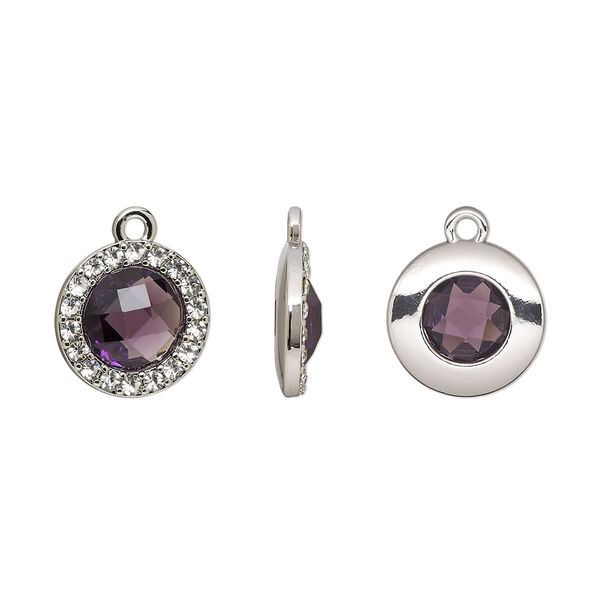 Drop, glass / glass rhinestone / imitation rhodium-finished "pewter" (zinc-based alloy), clear and transparent amethyst purple, 15.5mm single-sided round. Sold per pkg of 2. image number 0