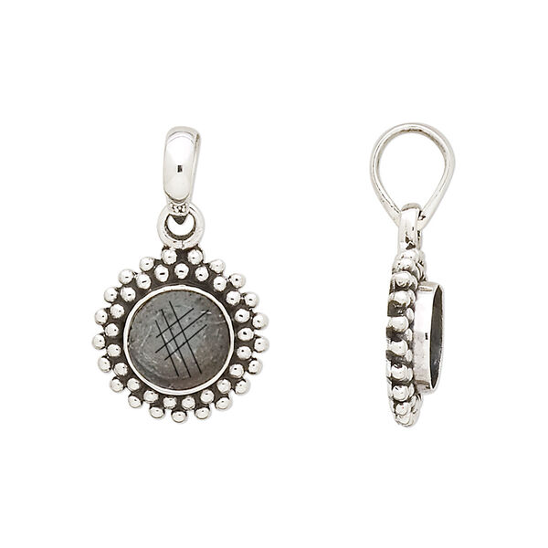 Pendant, antiqued sterling silver, 8mm round cabochon mounting. Sold individually. image number 0