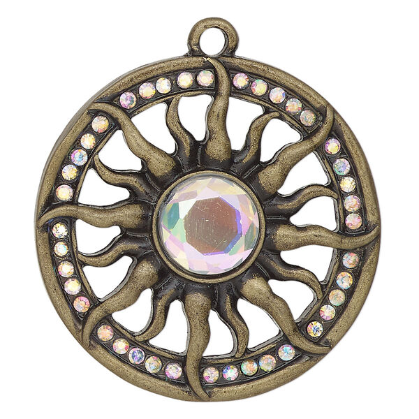 Focal, antique brass-finished "pewter" (zinc-based alloy) and glass, clear, 35mm round single-sided round with inner sun design. Sold individually. image number 0
