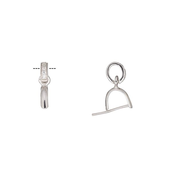 Bail, rhodium-plated sterling silver and cubic zirconia, clear, 12x2mm with loop, 4mm grip length. Sold individually. image number 0