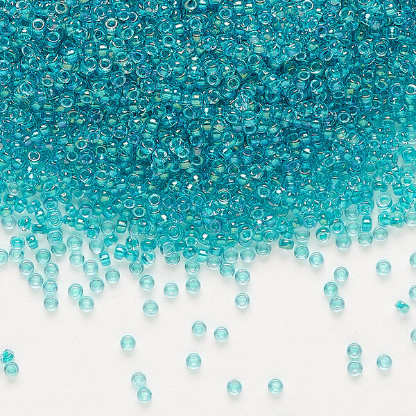 Seed bead, Miyuki, glass, pkg/35g, #15 rocaille, translucent teal-lined luster crystal clear (RR-3742). image number 0