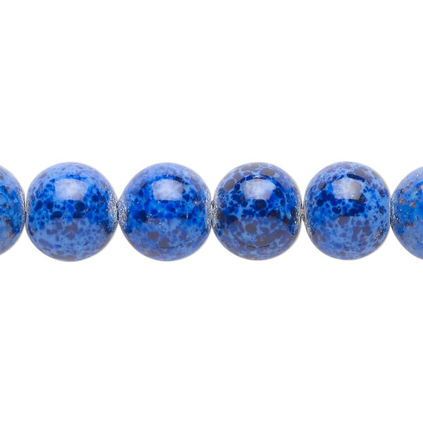 Bead, vintage German coated speckled glass, opaque blue and black, 10mm round. Sold per 15-1/2" to 16" strand. image number 0