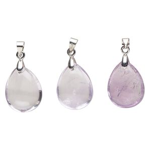 Amethyst / pewter (tin-based alloy) 1pkg3, imitation rhodium-finished teardrop pendant natural 20x14mm-22x15mm