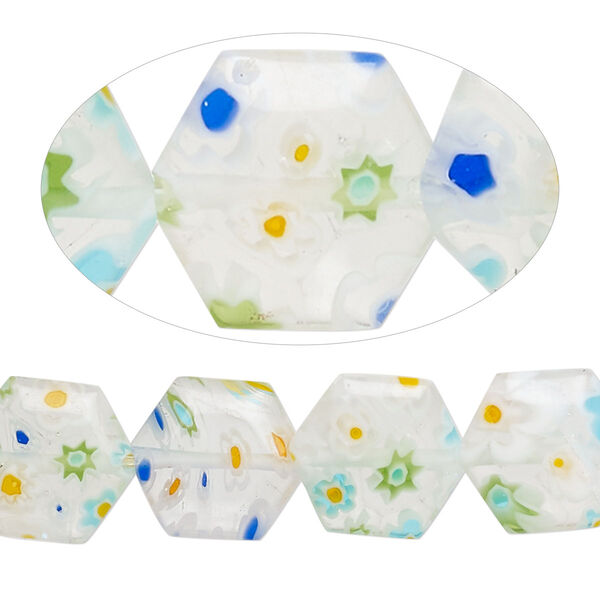 Bead, millefiori glass, translucent clear and multicolored, 12-13mm puffed hexagon with flower design. Sold per 14-inch strand. image number 0