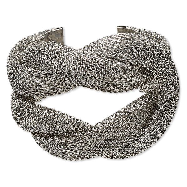 Bracelet, cuff, gunmetal-plated steel, 58mm wide with woven square knot design, 6 inches. Sold individually. image number 0
