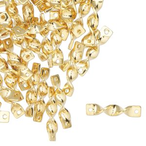 Link, gold-finished "pewter" (zinc-based alloy), 12x4mm twisted rectangle. Sold per pkg of 50.