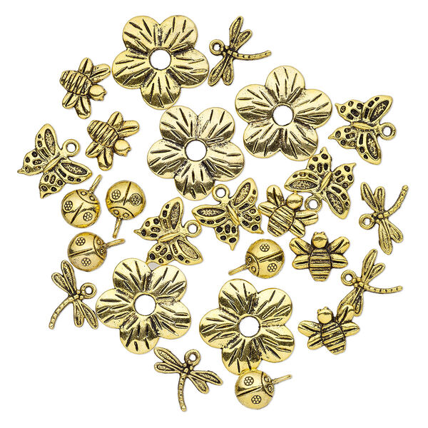 Bead and charm, antique gold-finished "pewter" (zinc-based alloy), 9x9mm-23x23mm assorted single- and double-sided insect and flower. Sold per pkg of 25. image number 0