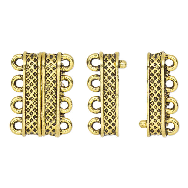 Clasp, 4-strand magnetic, antique gold-finished "pewter" (zinc-based alloy), 20x9mm rectangle with textured design. Sold individually. image number 0