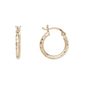 Earring, 14Kt gold, 15mm diamond-cut round hoop with latch-back closure. Sold per pair.