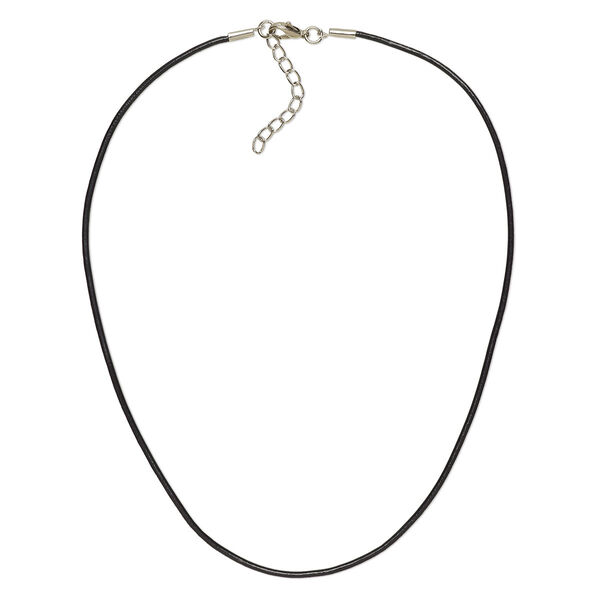 Necklace cord, leather and imitation rhodium-plated brass and steel, black, 2mm round, 16 inches with 2-inch extender chain and lobster claw clasp. Sold per pkg of 6. image number 0