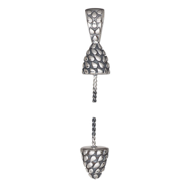 Bail, antiqued sterling silver, 17x7mm textured cap and 8x7mm textured bottom with 7mm post, fits bead with 1.5-2mm hole. Sold per 2-piece set. image number 0