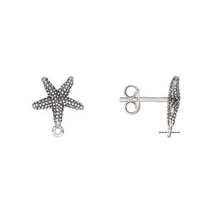 Earstud 1pkg2 sterling silver, 10.5x10mm starfish / closed loop / earnuts, antiqued 1 pair